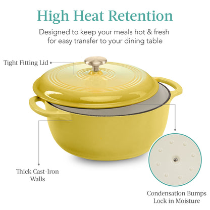 Cast-Iron Dutch Oven Kitchen Cookware w/ Enamel, Handles - 6qt