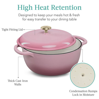 Cast-Iron Dutch Oven Kitchen Cookware w/ Enamel, Handles - 6qt