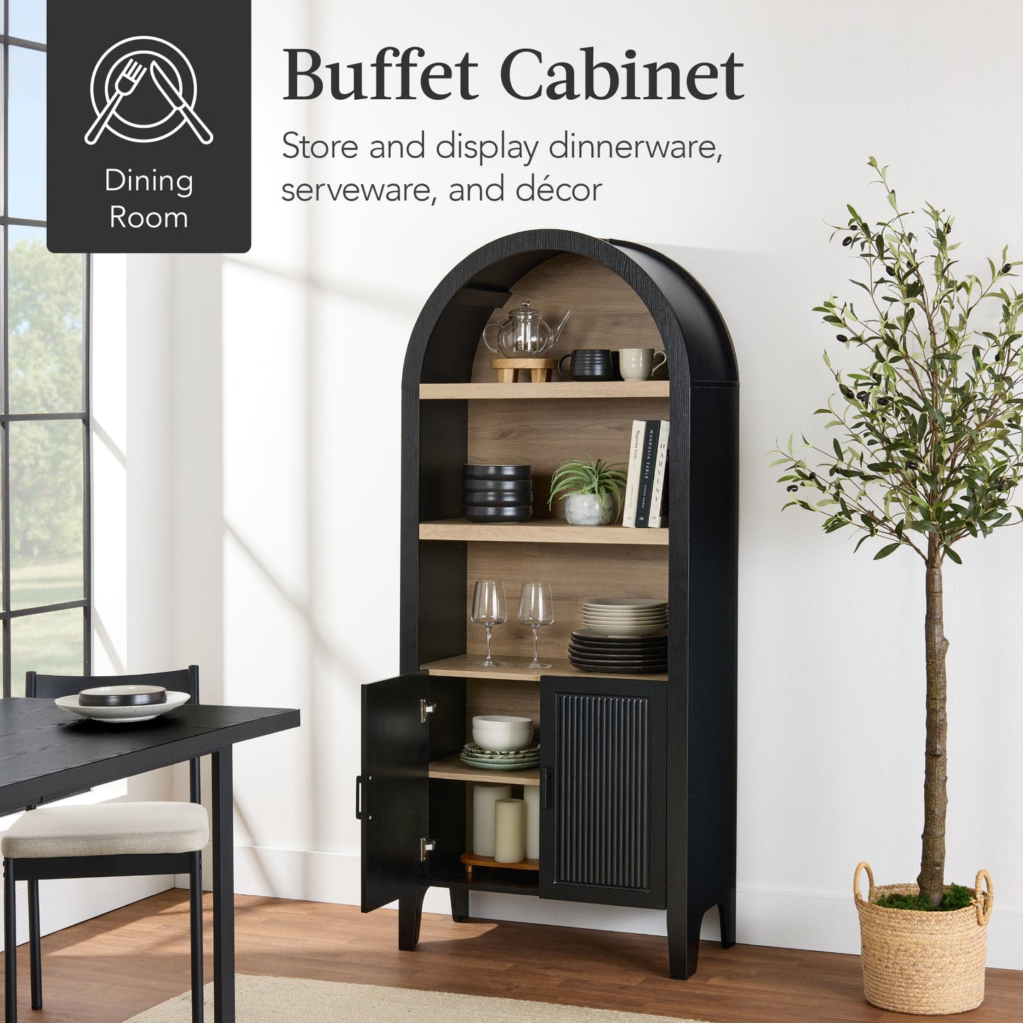 Arched 5-Tier Storage Cabinet w/ Reeded Doors, Adjustable Shelves - 72in