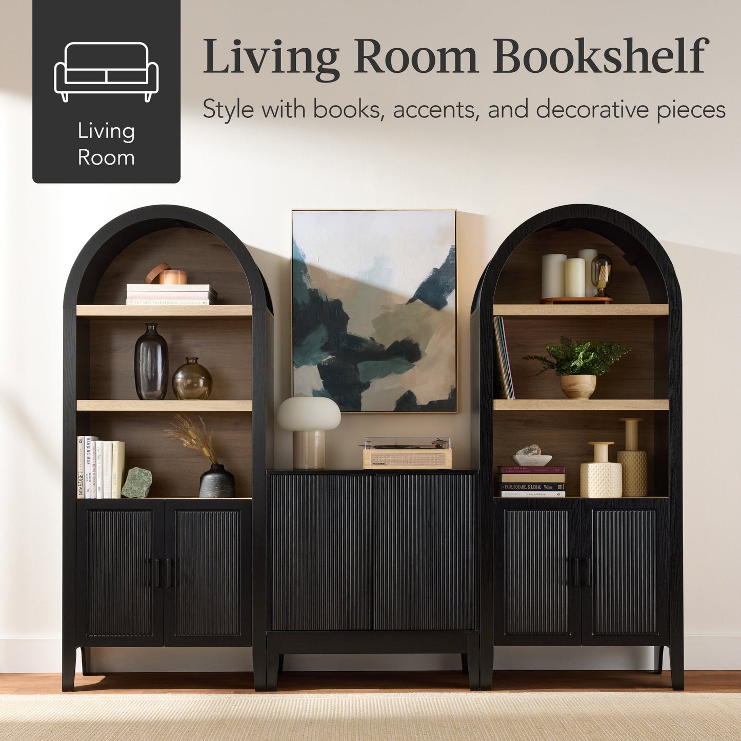 Arched 5-Tier Storage Cabinet w/ Reeded Doors, Adjustable Shelves - 72in