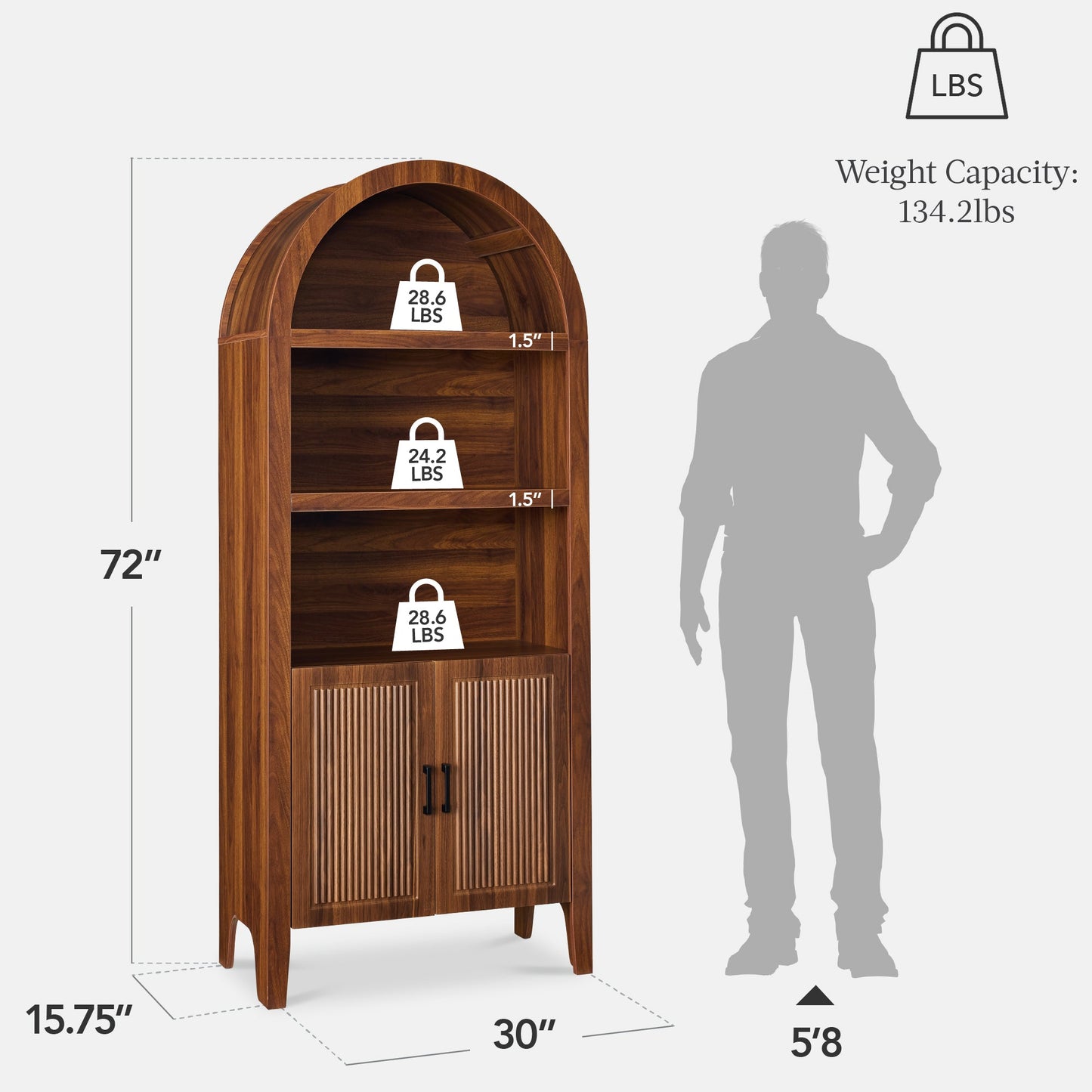Arched 5-Tier Storage Cabinet w/ Reeded Doors, Adjustable Shelves - 72in