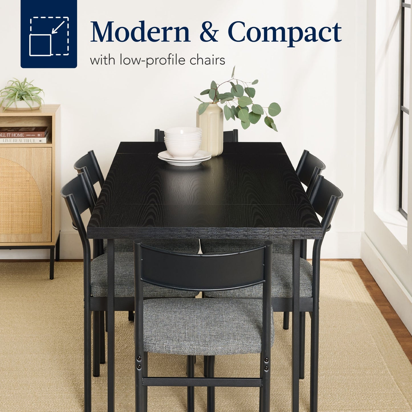 7-Piece Modern Dining Set, Kitchen Table w/ 6 Chairs, Metal Frame