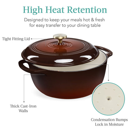 Cast-Iron Dutch Oven Kitchen Cookware w/ Enamel, Handles - 6qt