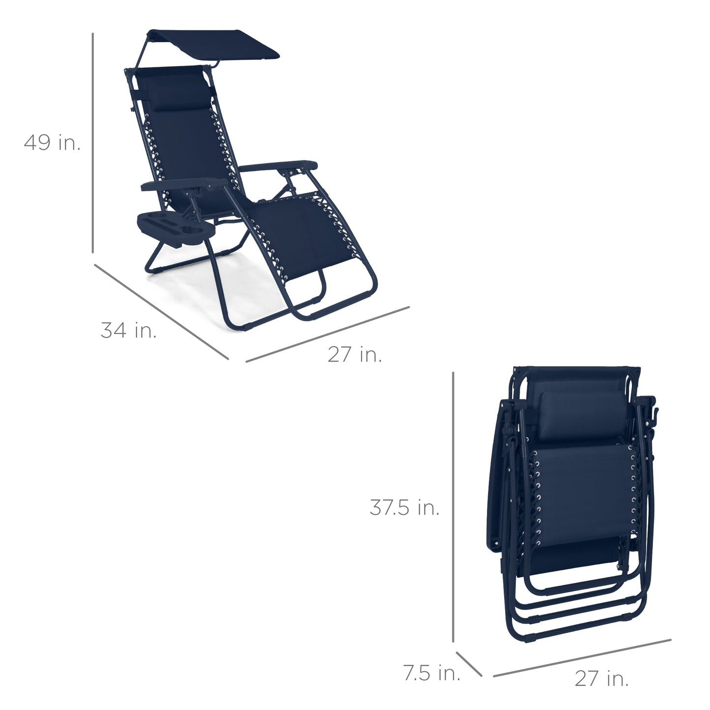 Folding Zero Gravity Recliner Patio Lounge Chair w/ Canopy, Side Tray