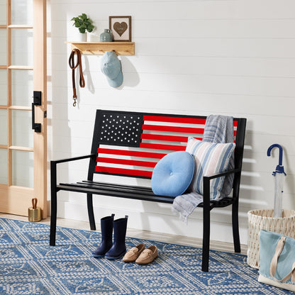 Indoor Outdoor Steel Bench w/ American Flag Backrest, 790lb Capacity