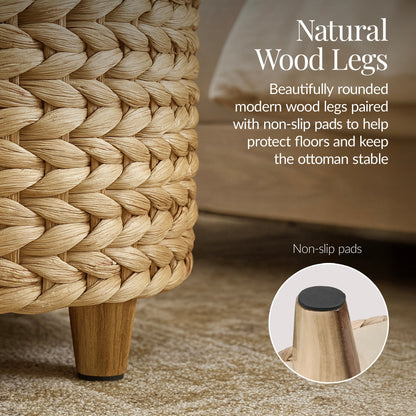 17" Round Storage Ottoman with Lid, Handwoven Water Hyacinth Footstool