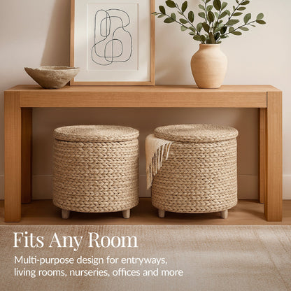 17" Round Storage Ottoman with Lid, Handwoven Water Hyacinth Footstool