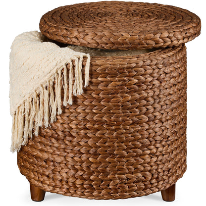 17" Round Storage Ottoman with Lid, Handwoven Water Hyacinth Footstool