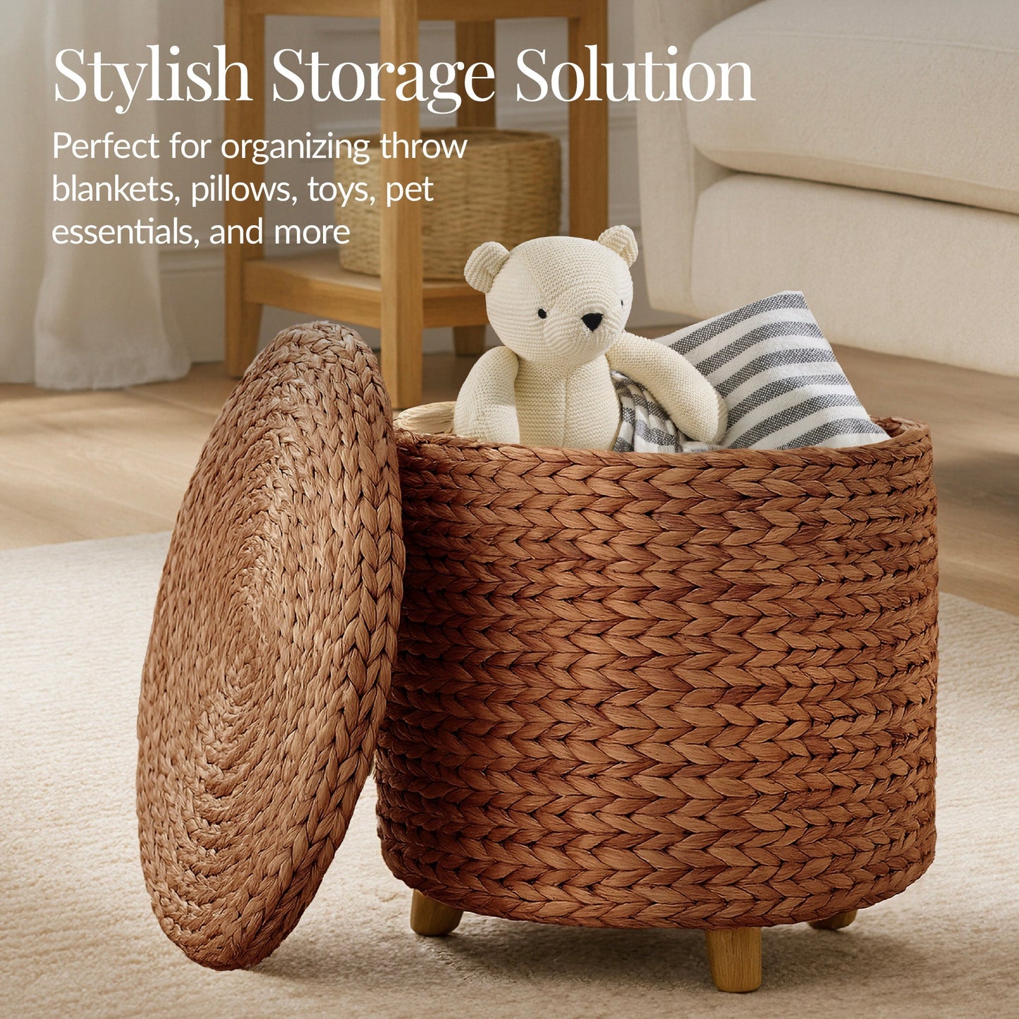 17" Round Storage Ottoman with Lid, Handwoven Water Hyacinth Footstool