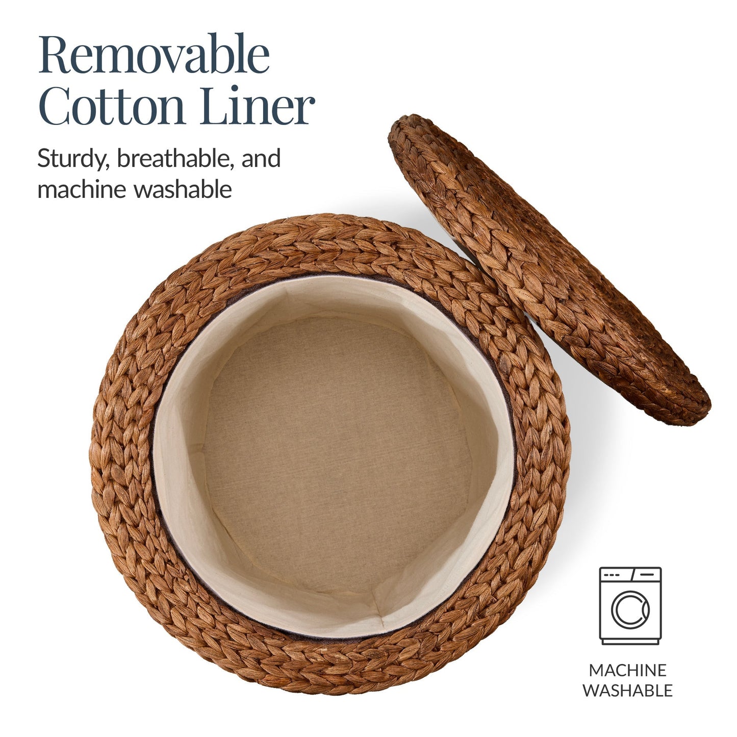 17" Round Storage Ottoman with Lid, Handwoven Water Hyacinth Footstool